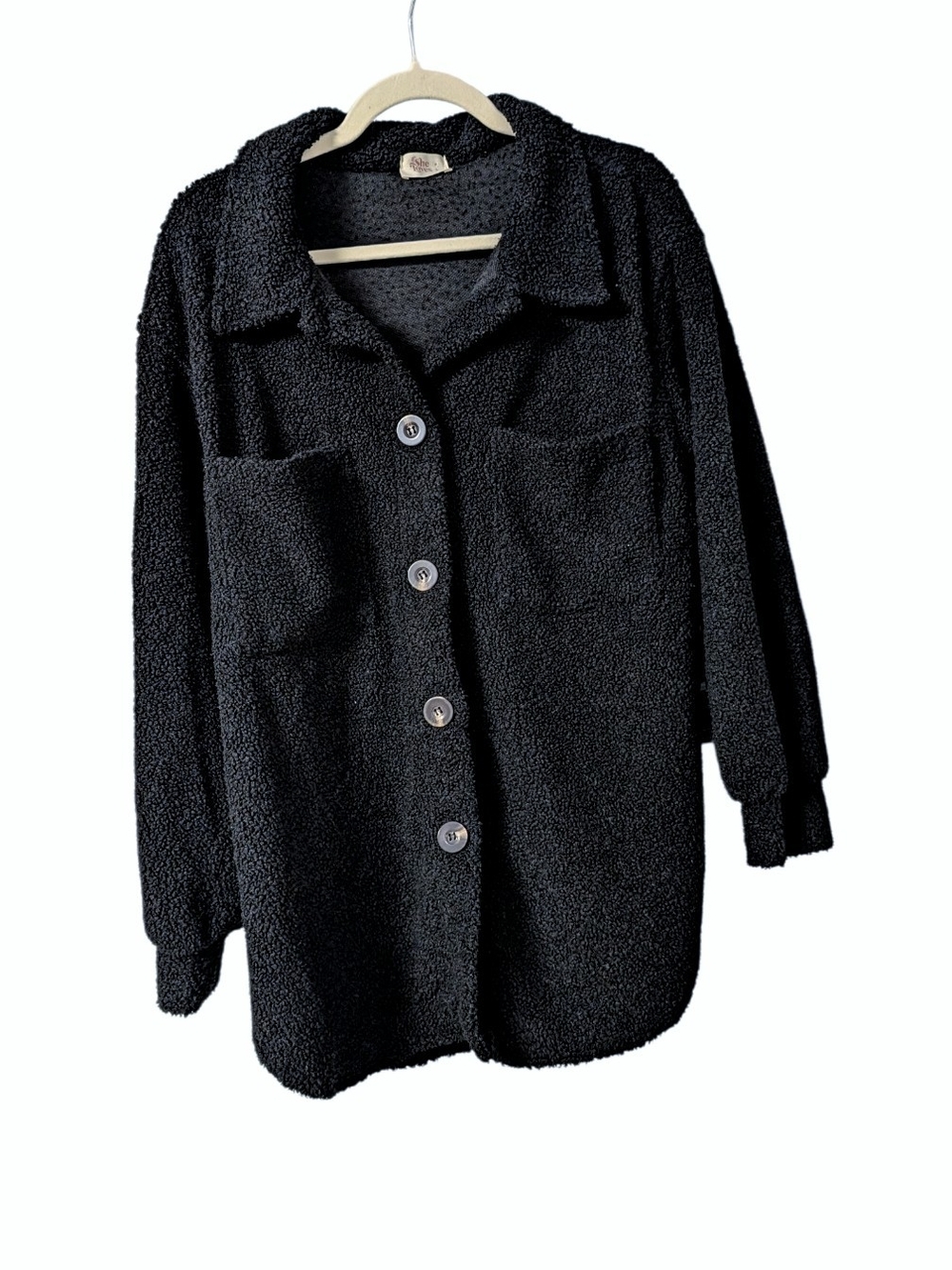 She Loves Black Fleece Sherpa Button Front Shacket, Med
